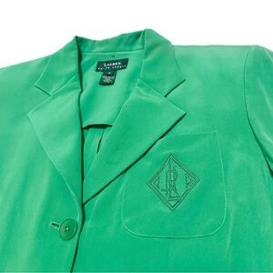 Vintage RLR Ralph Lauren 100% Silk Kelly Green Monogram Blazer 3 Button Jacket